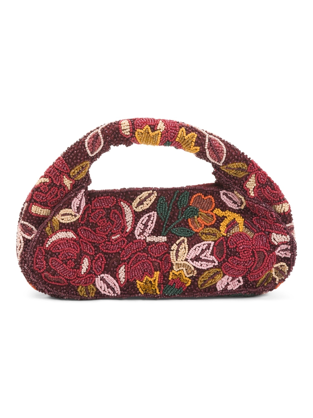 Beaded Floral Handle Clutch in Burgundy